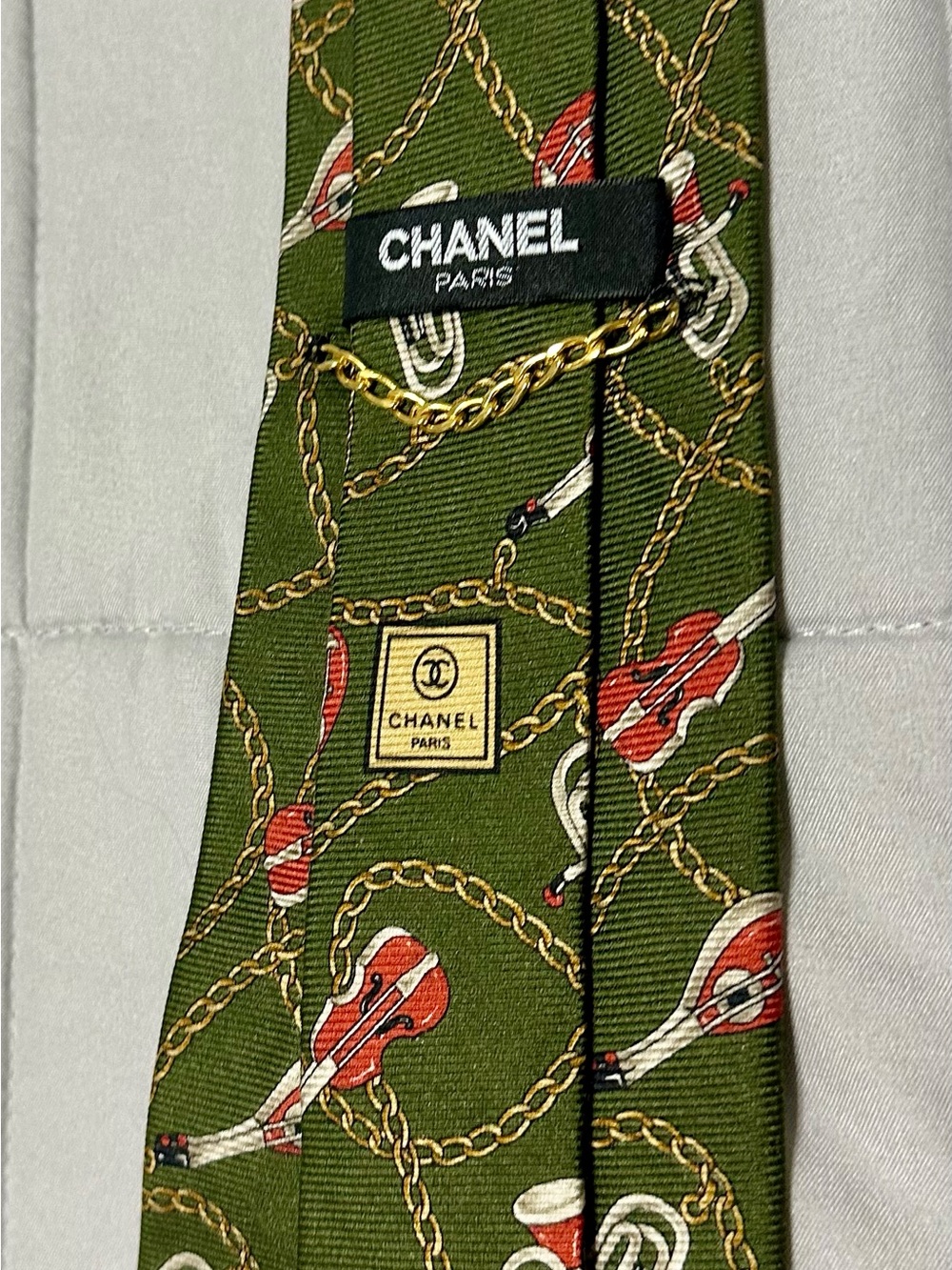 CHANEL Olive Green Silk Tie with Red & Gold Chain Motif